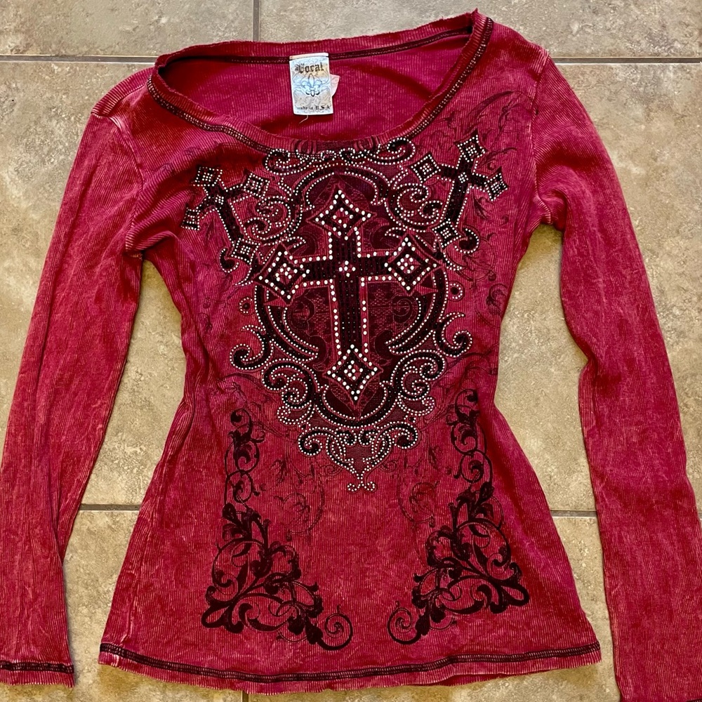 A large long sleeve red/maroon knit with a grunge aspect to it by brand “Vocal”
